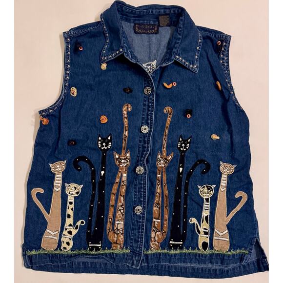 Vtg Life Styles Embroidered Denim Cat Vest Button Up Size XL Women's - Picture 1 of 4
